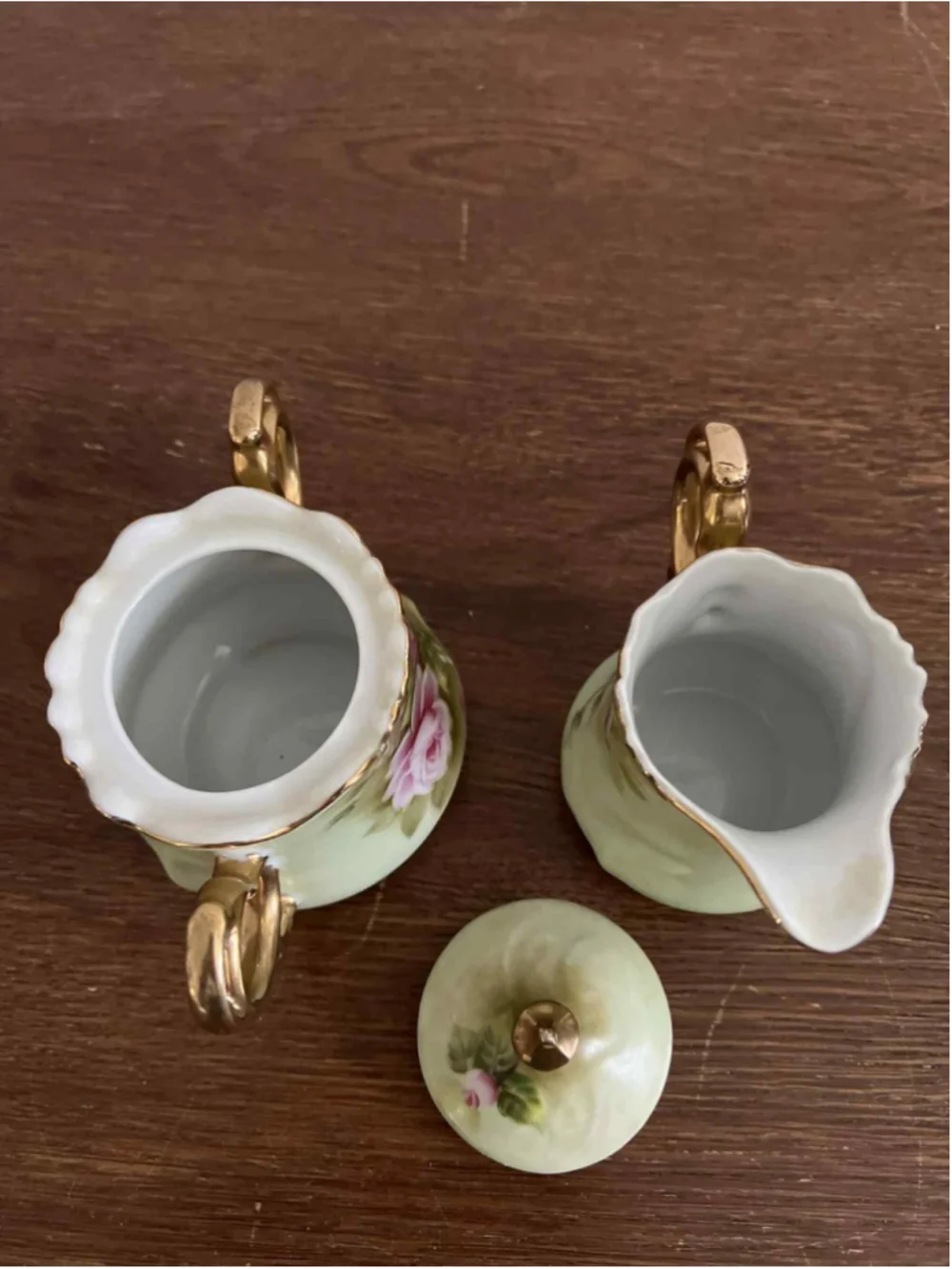 Vintage Lefton China NE3066 Hand Painted Creamer & Sugar Set Green Roses & Gold